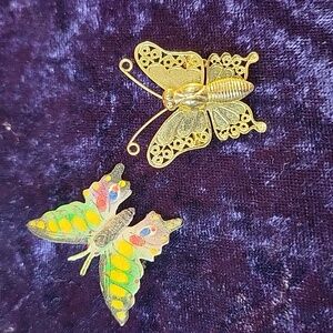 1 Lacy Filigree Gold Tone Butterfly Brooch & 1 Painted Butterfly Brooch Lot Of 2